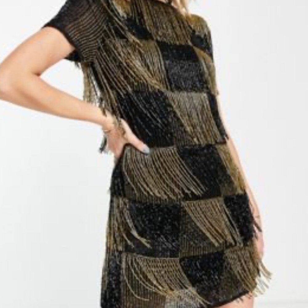 ASOS Design Black & Gold Beaded Fringe Check Minidress Size 12